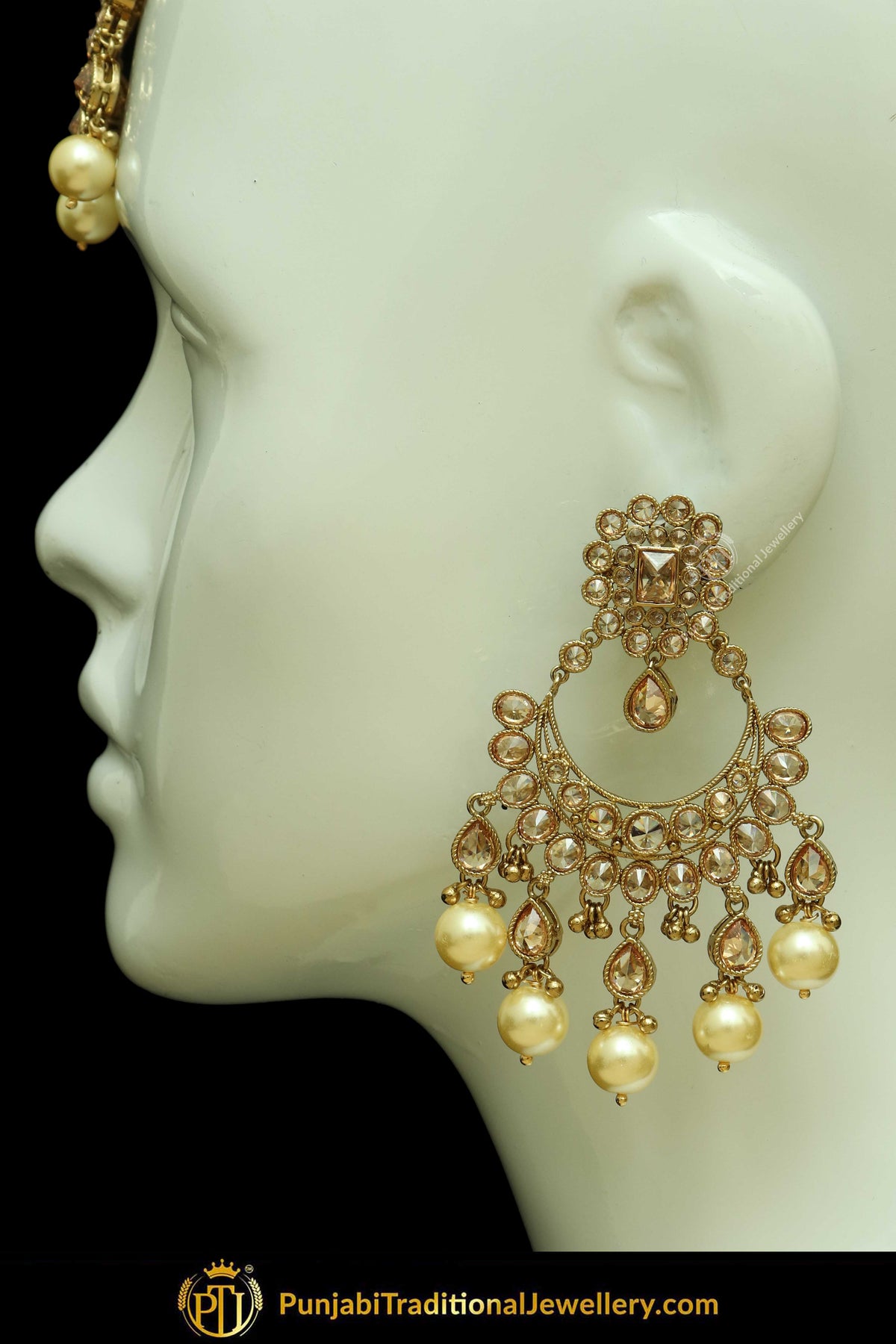 Antique Gold Finised Champagne Stone Pearl Earring Tikka Set By Punjabi Traditional Jewellery