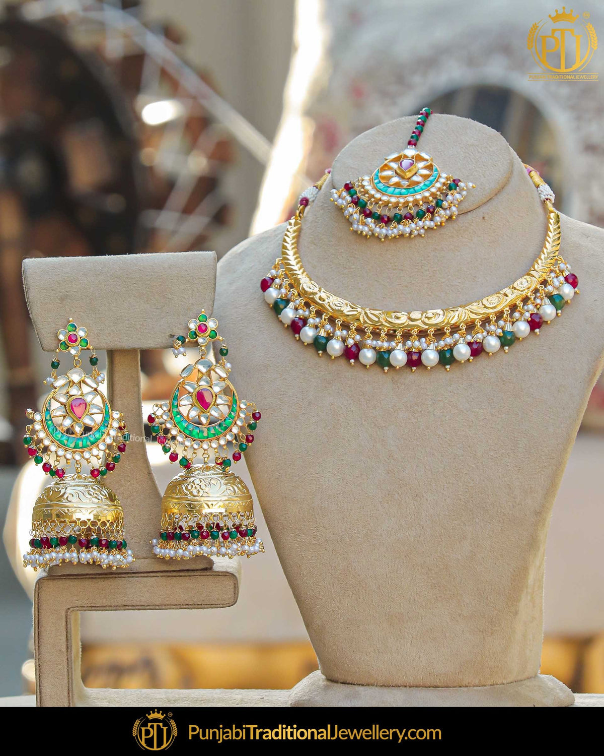 Gold Finished Kundan Pearl Emerald Rubby Hasli Necklace Set | Punjabi Traditional Jewellery Exclusive