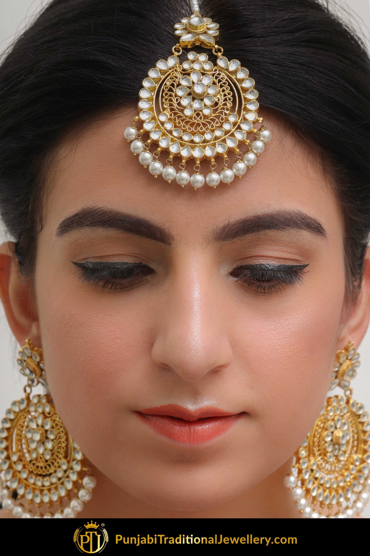 Anida Golden Kundan Pearl Earring Tikka Set | Punjabi Traditional Jewellery Exclusive