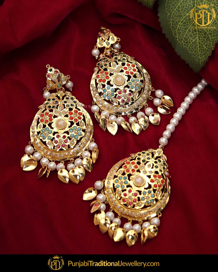 Gold Finished Navratan Pippal Patti Jadau Pearl Earring Tikka Set  | Punjabi Traditional Jewellery Exclusive