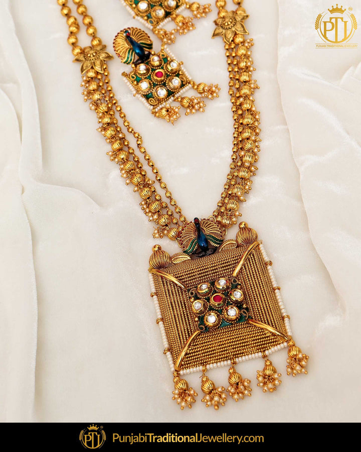 Antique Gold Finished Kundan Stone Pearl Morni Mala Long  Set  | Punjabi Traditional Jewellery Exclusive