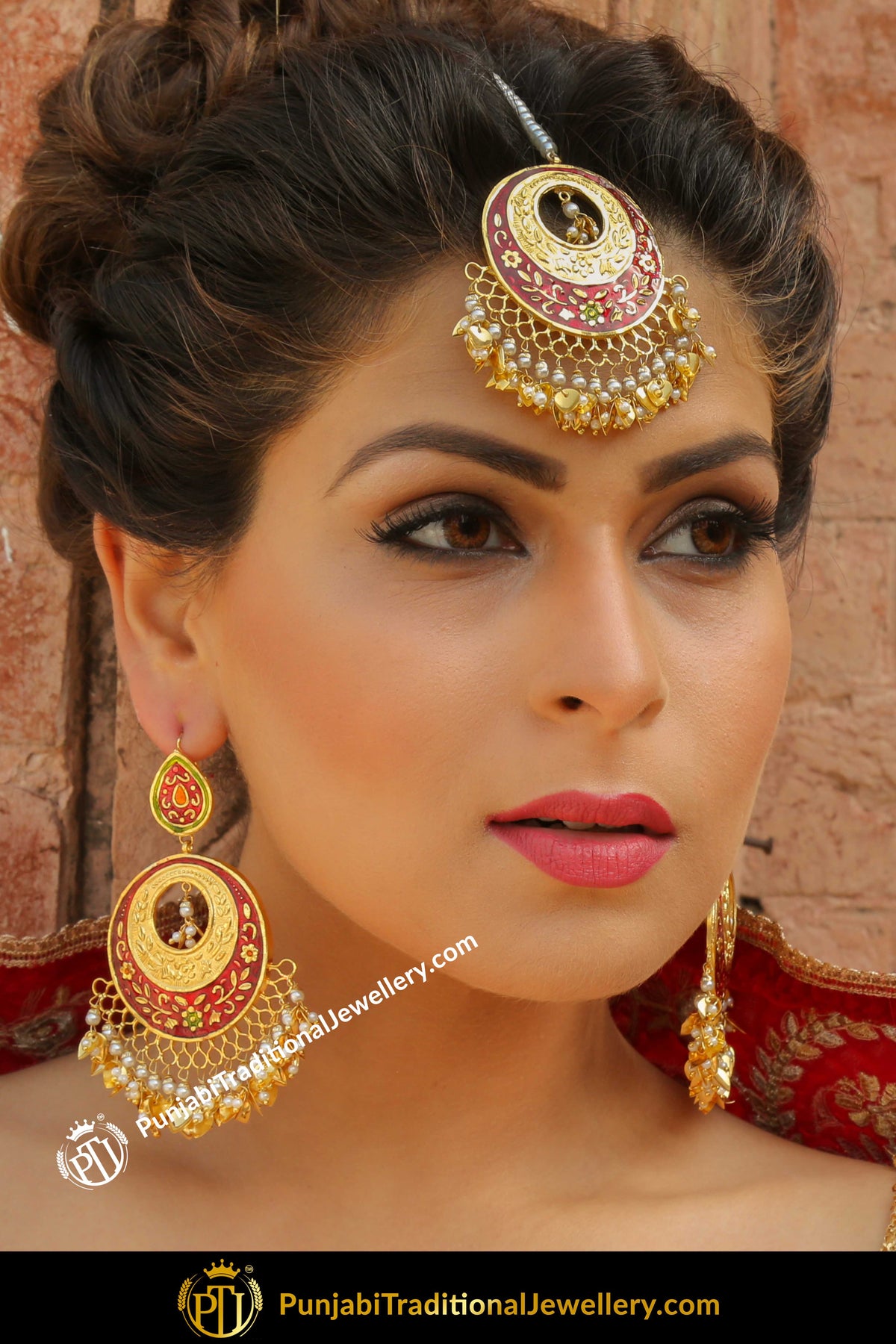 Marhaba Hand Painted Pippal Patti Rubby Tikka & Earrings | Punjabi Traditional Jewellery Exclusive