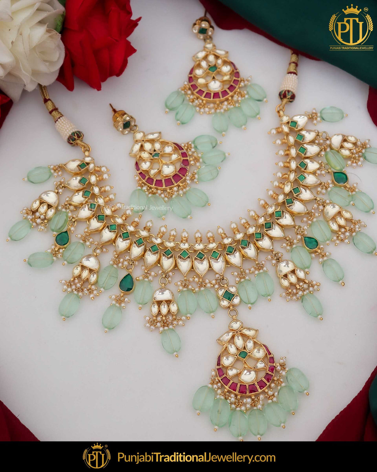 Gold Finished Kundan New Jade  Rubby Pearl Bridal Necklace Set | Punjabi Traditional Jewellery Exclusive