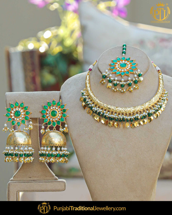 Gold Finished Kundan Pearl Emerald Hasli Necklace Set | Punjabi Traditional Jewellery Exclusive