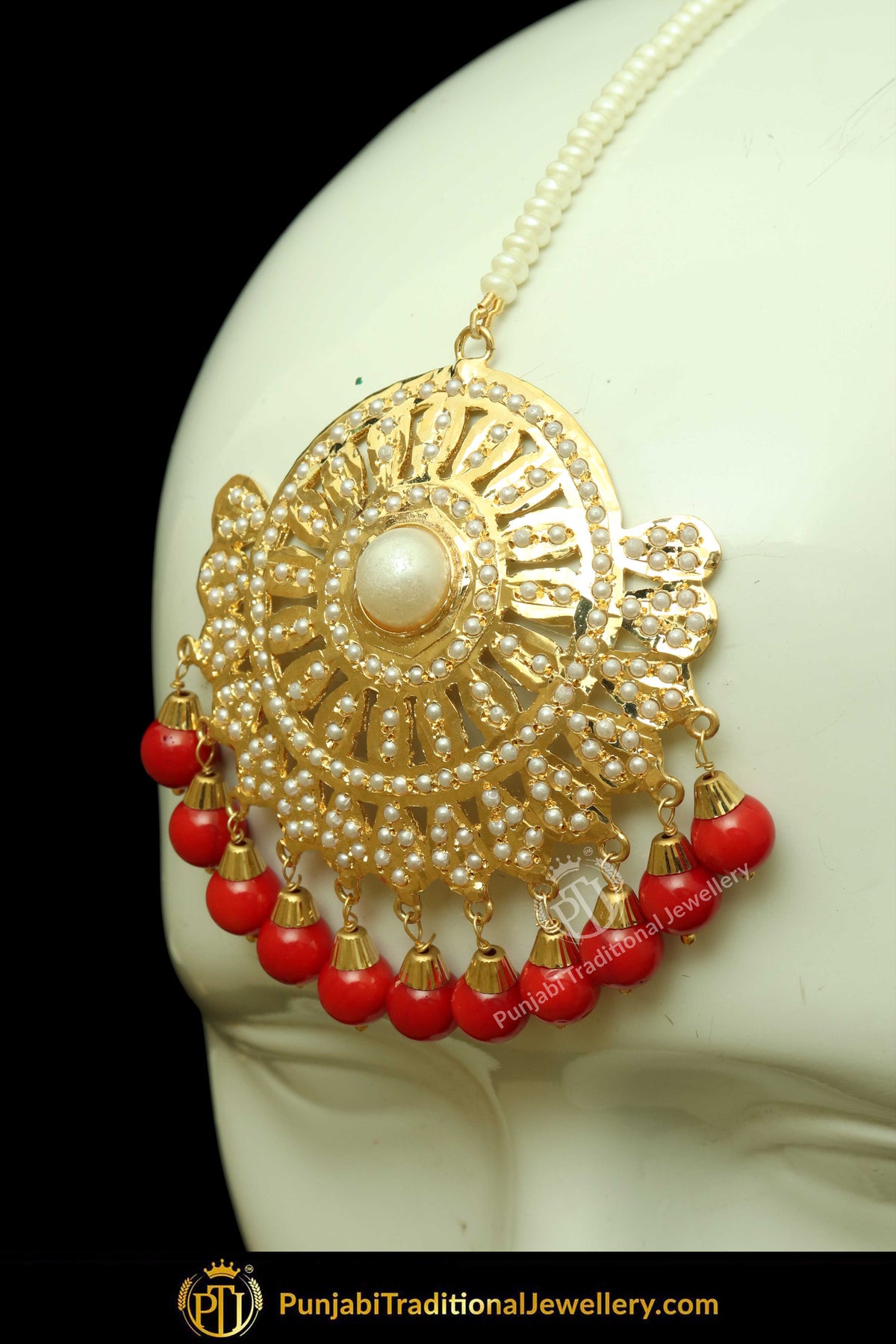 Gold Finished Red Jadau Pearl Earring Tikka Set | Punjabi Traditional Jewellery Exclusive