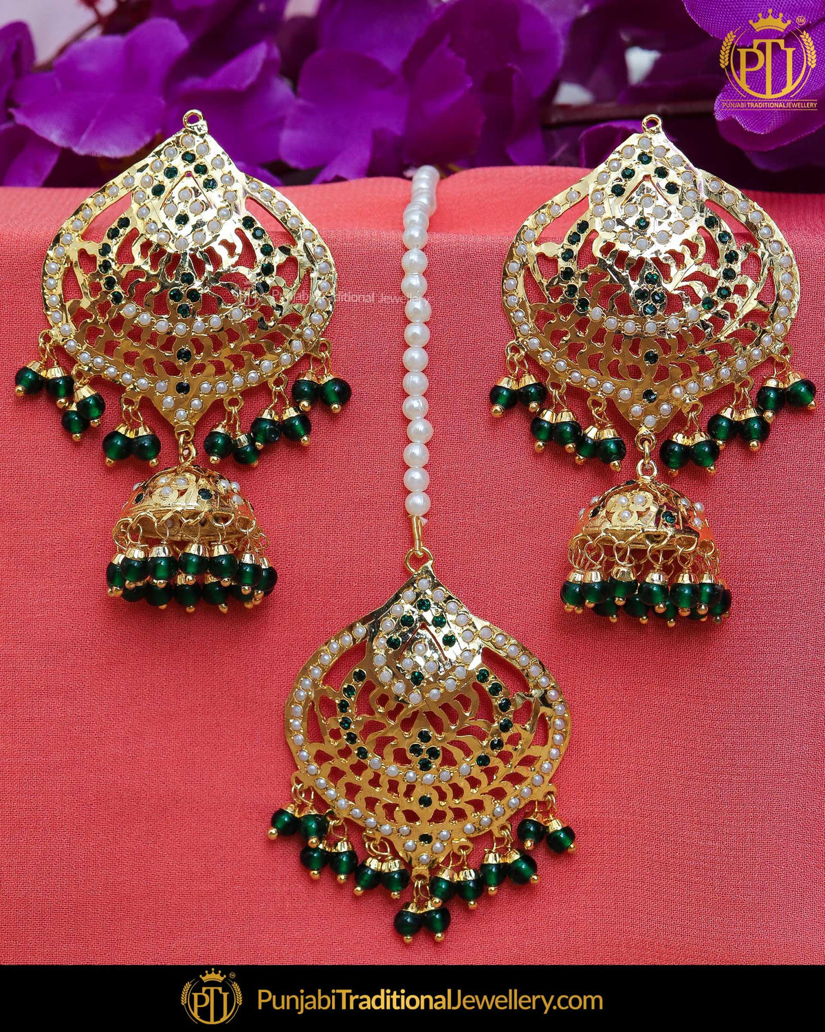 Gold Finished Emelrad Jhumki Jadau Pearl Earring Tikka Set | Punjabi Traditional Jewellery Exclusive