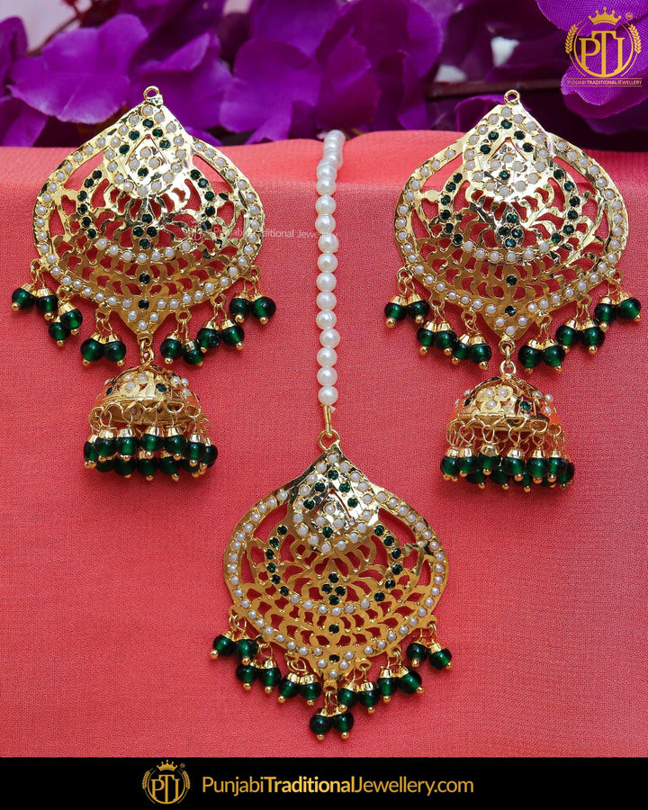Gold Finished Emelrad Jhumki Jadau Pearl Earring Tikka Set | Punjabi Traditional Jewellery Exclusive