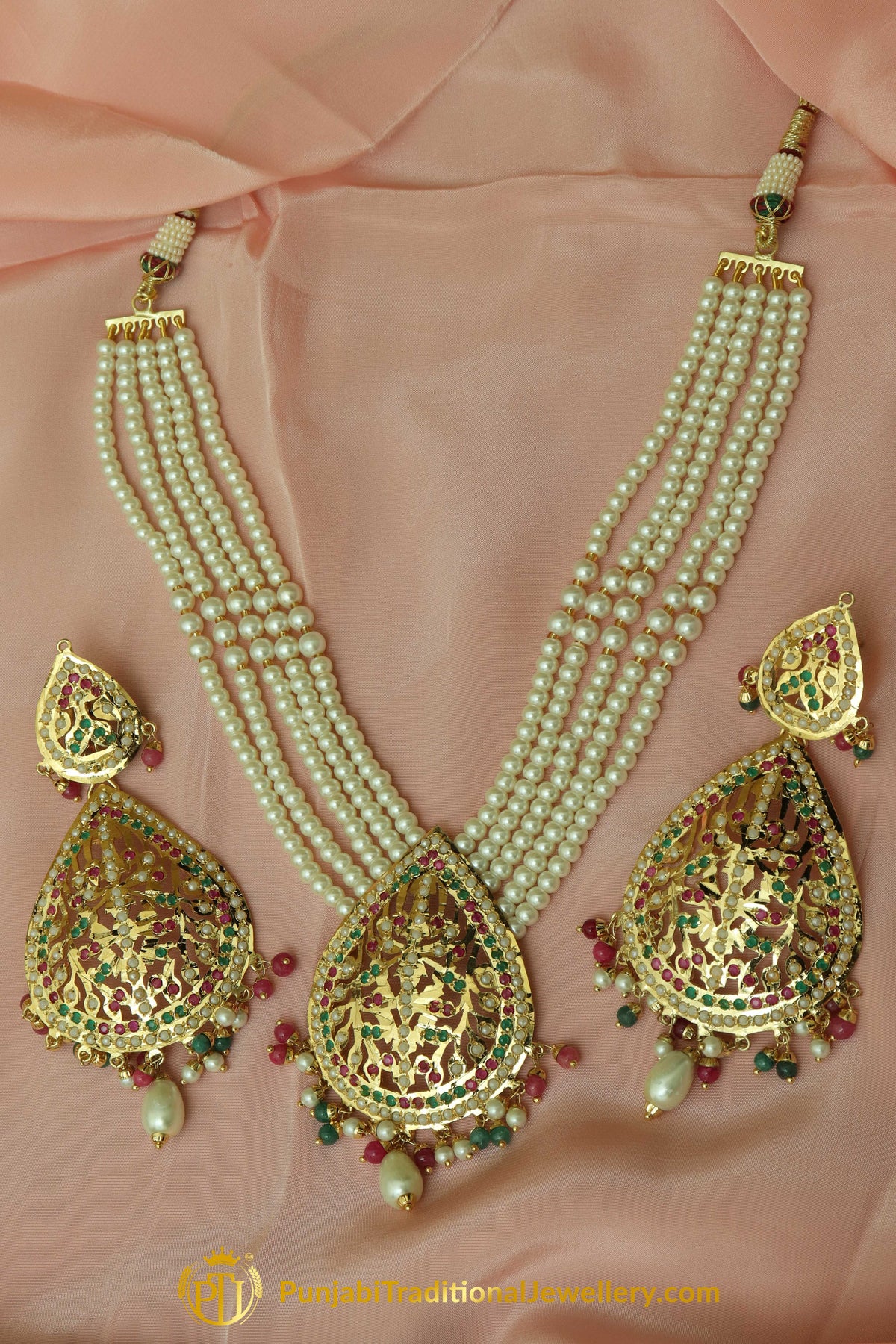 Hafsah Gold Finished Navratan Jadau Necklace Set | Punjabi Traditional Jewellery Exclusive