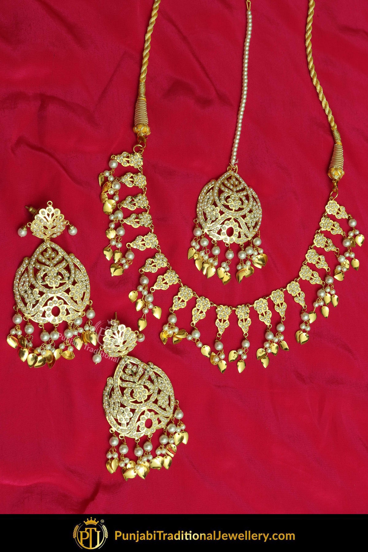 Gold Finished Jadau Pippal Patti Necklace Set | Punjabi Traditional Jewellery Exclusive