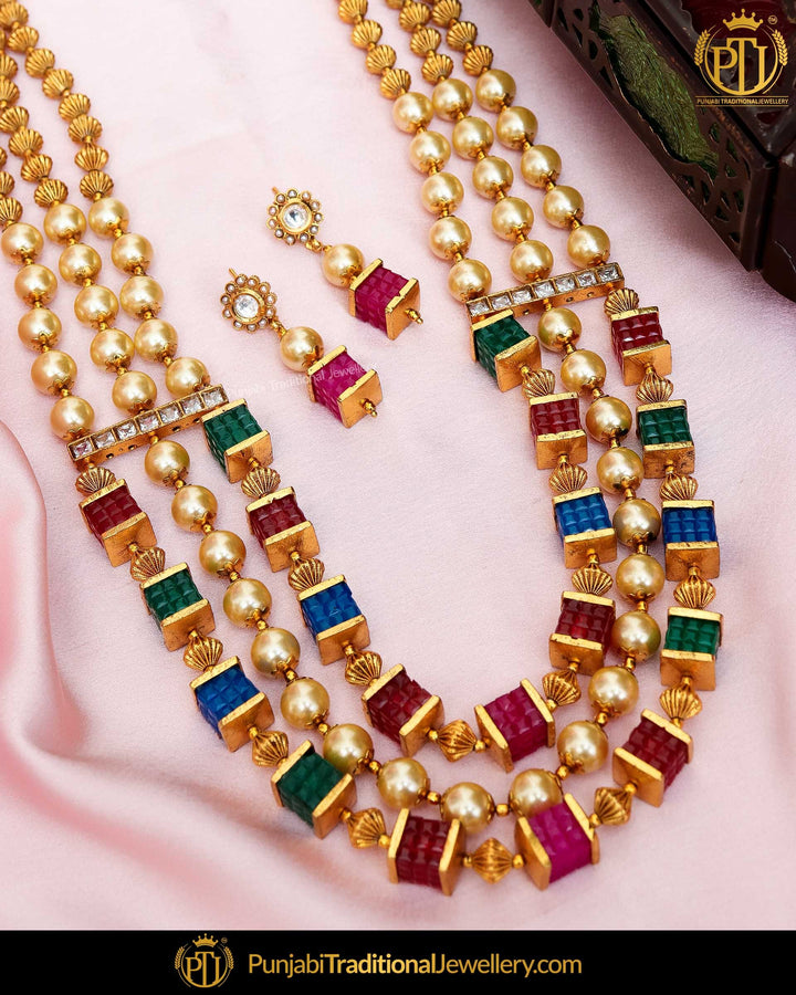 Antique Gold Finished Rubby Emerald Pearl Johda Long Set  | Punjabi Traditional Jewellery Exclusive