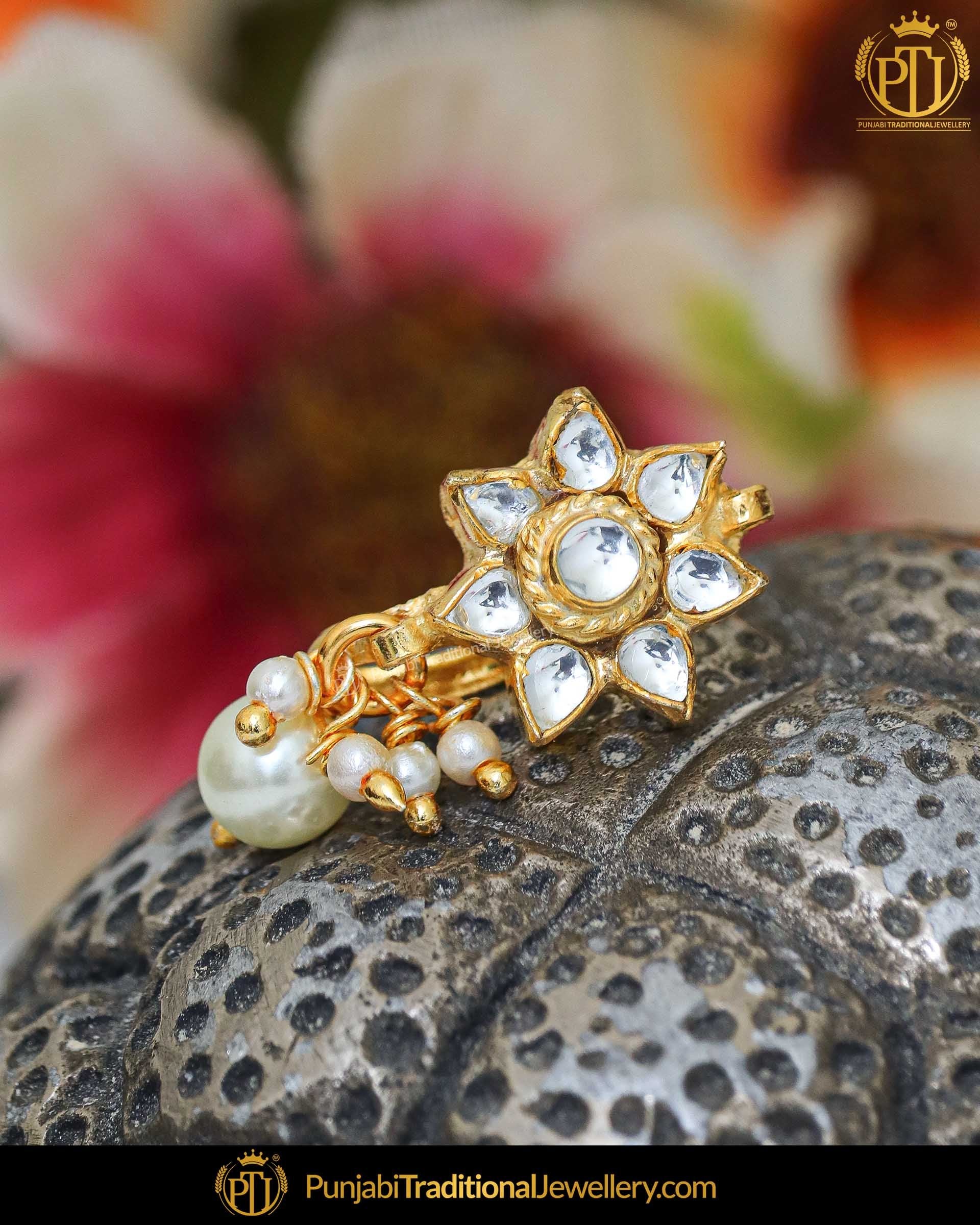 Gold Finished Kundan Pearl Without hole Nose Pin | Punjabi Traditional Jewellery Exclusive