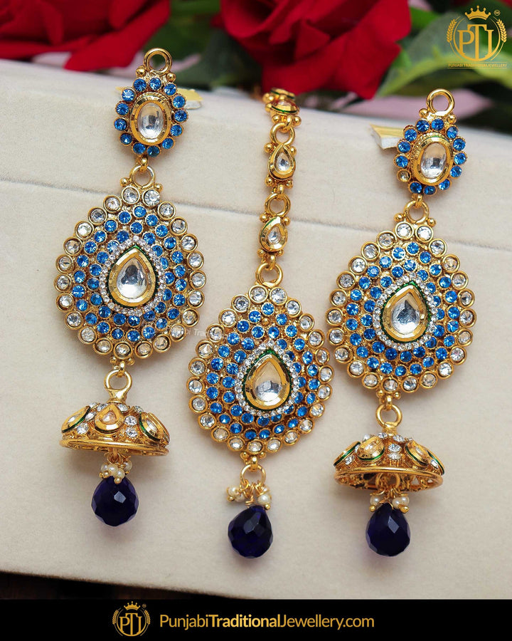 Antique Gold Finished Blue Pearl Earring Tikka Set | Punjabi Traditional Jewellery Exclusive
