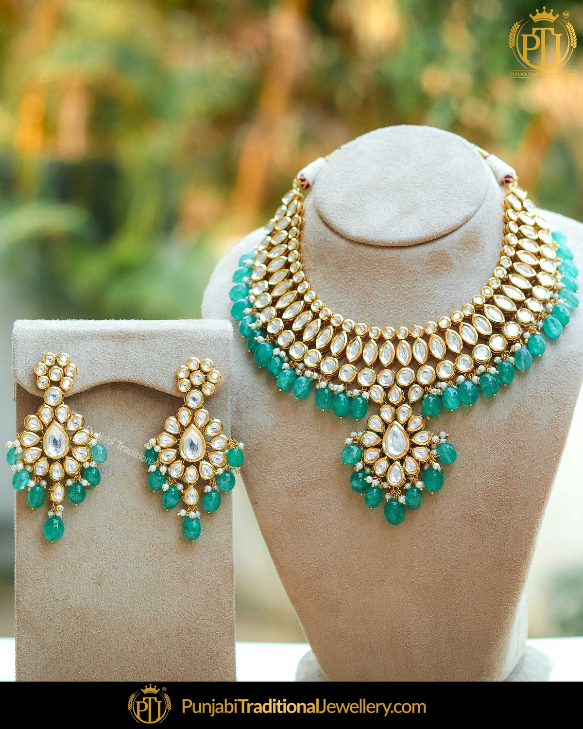 Gold Finished Kundan Firozi Pearl Necklace Set | Punjabi Traditional Jewellery Exclusive
