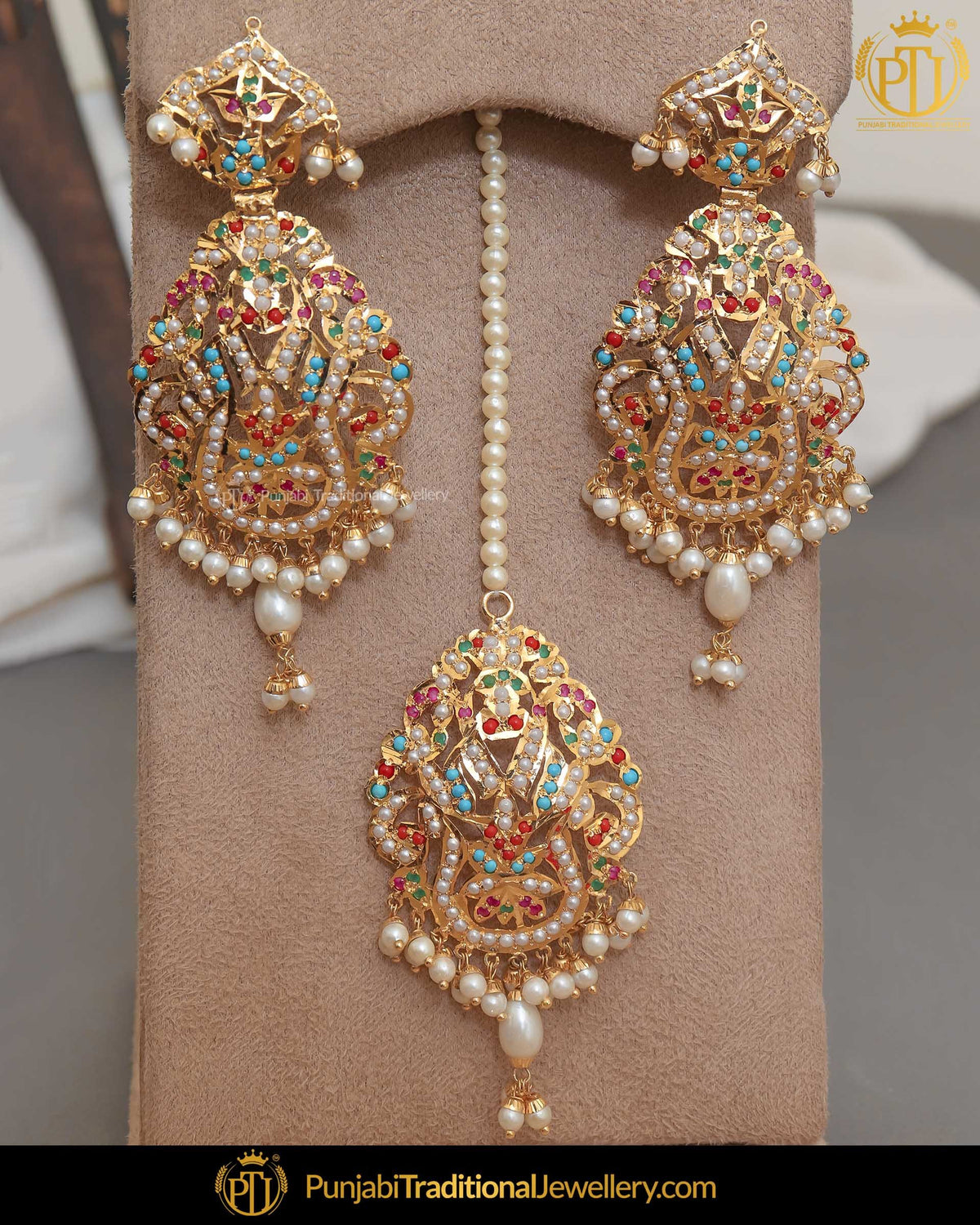 Gold Finished Jadau Multi Earring Tikka Set | Punjabi Traditional Jewellery Exclusive