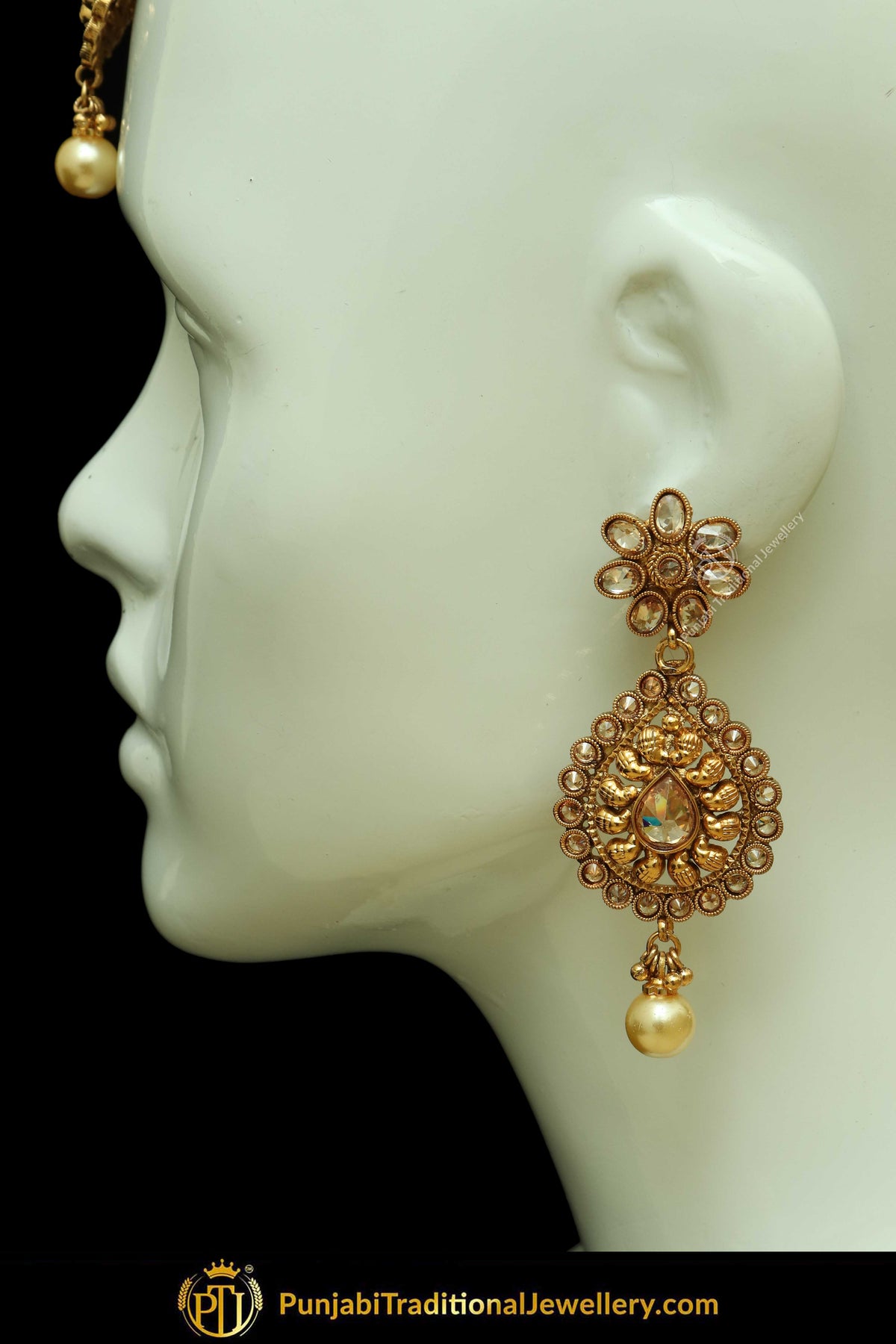 Antique Gold Finised Champagne Stone Earring Tikka Set By Punjabi Traditional Jewellery