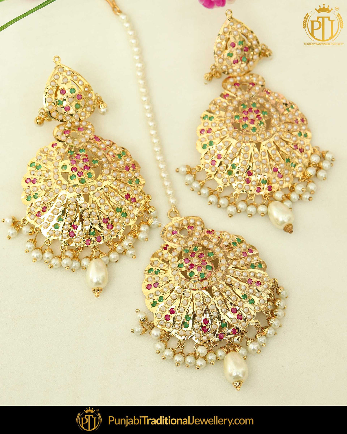 Gold Finished Navratan Jadau Earring Tikka Set | Punjabi Traditional Jewellery Exclusive