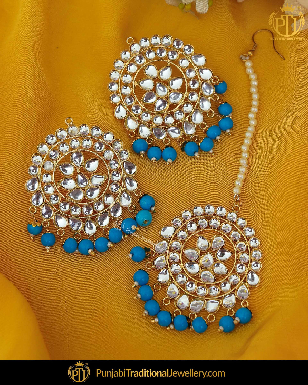Gold Finished Kundan Firozi Stud  Earring Tikka Set By Punjabi Traditional Jewellery