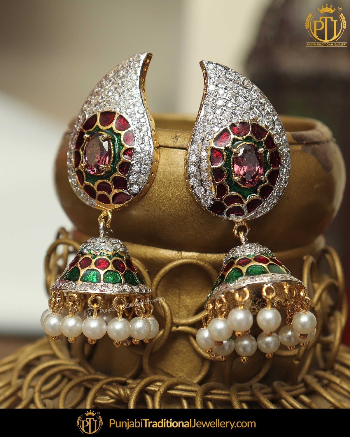 Gold Finished Emerald Rubby Earrings | Punjabi Traditional Jewellery Exclusive