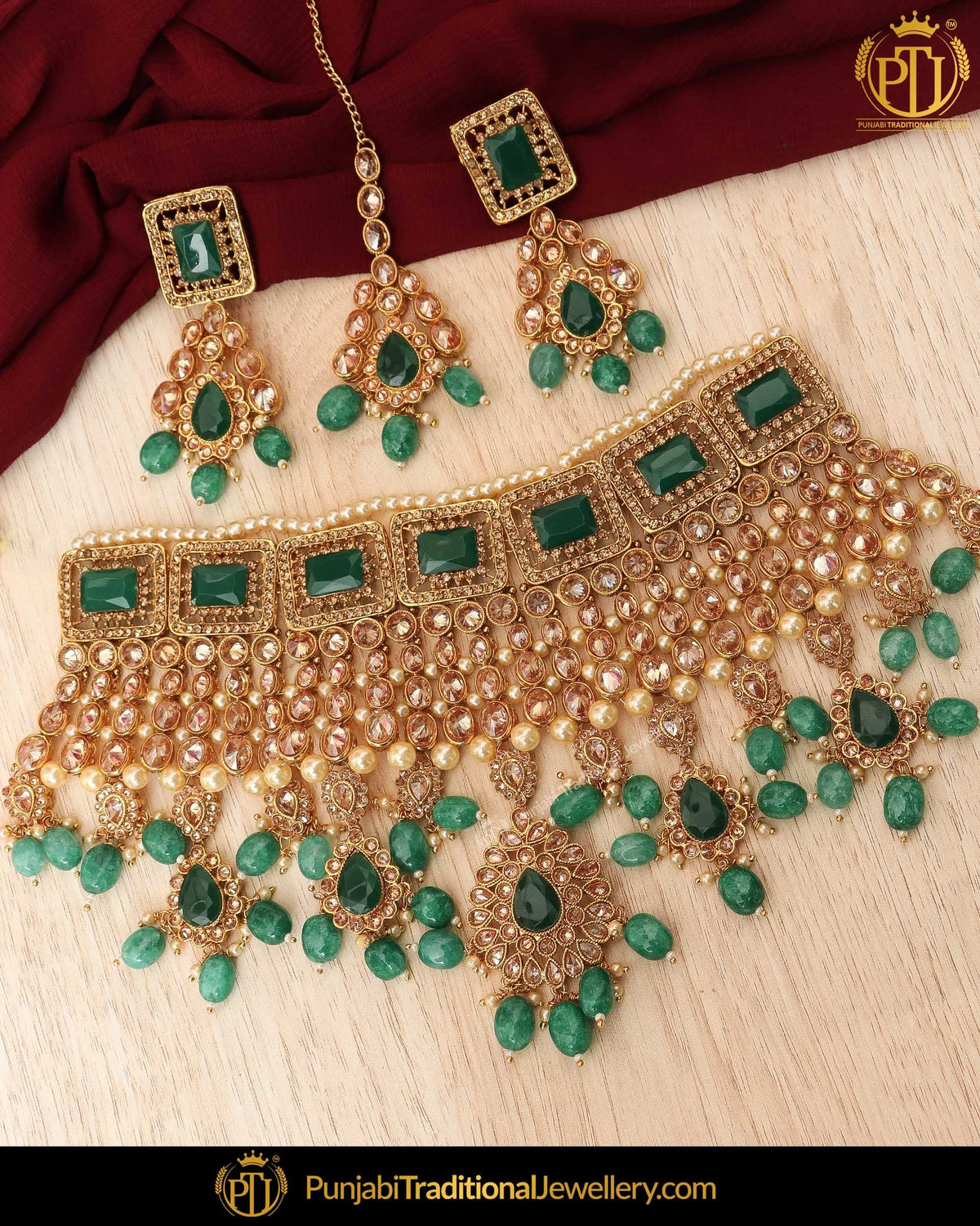 Gold Finished Emerald Champagne Stone Pearl Choker Necklace Set  | Punjabi Traditional Jewellery Exclusive