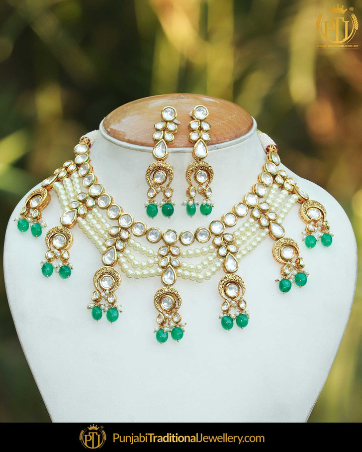 Gold Finished Green Kundan Bridal Choker Necklace Set | Punjabi Traditional Jewellery Exclusive