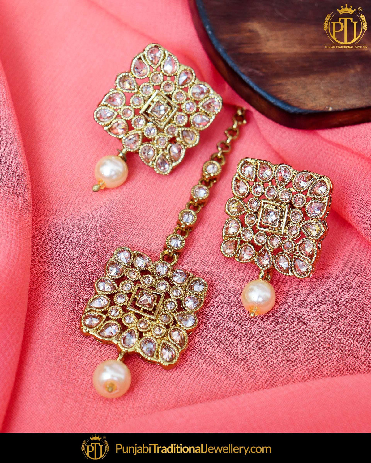 Gold Finished Chamapgne Stone Pearl Stud Earrings & Tikka | Punjabi Traditional Jewellery Exclusive