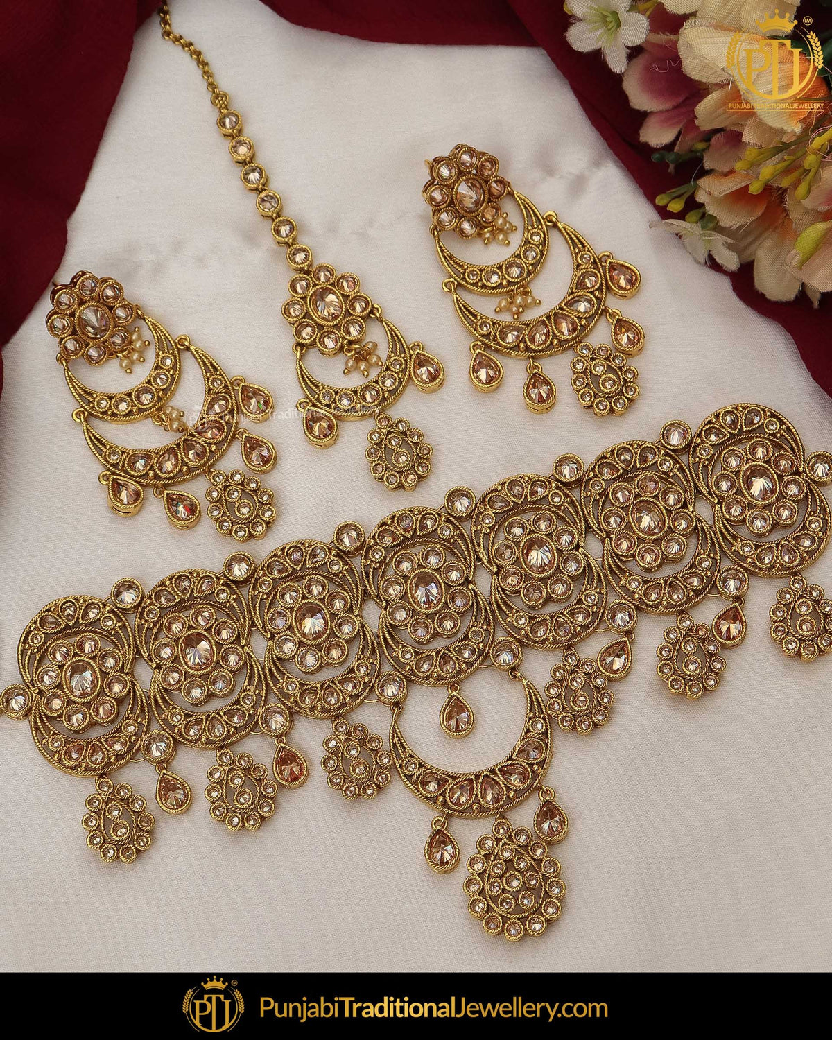 Gold Finished Champagne Stone Choker Necklace Set | Punjabi Traditional Jewellery Exclusive