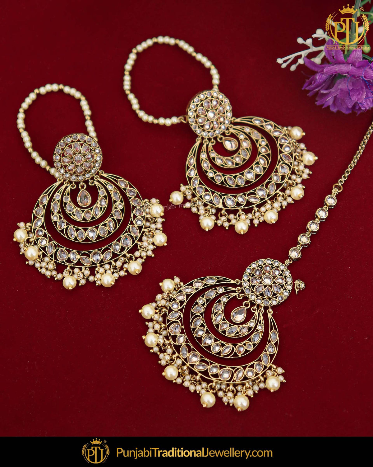 Antique Gold Finished Pearl Champagne Stone Earring Tikka Set | Punjabi Traditional Jewellery Exclusive