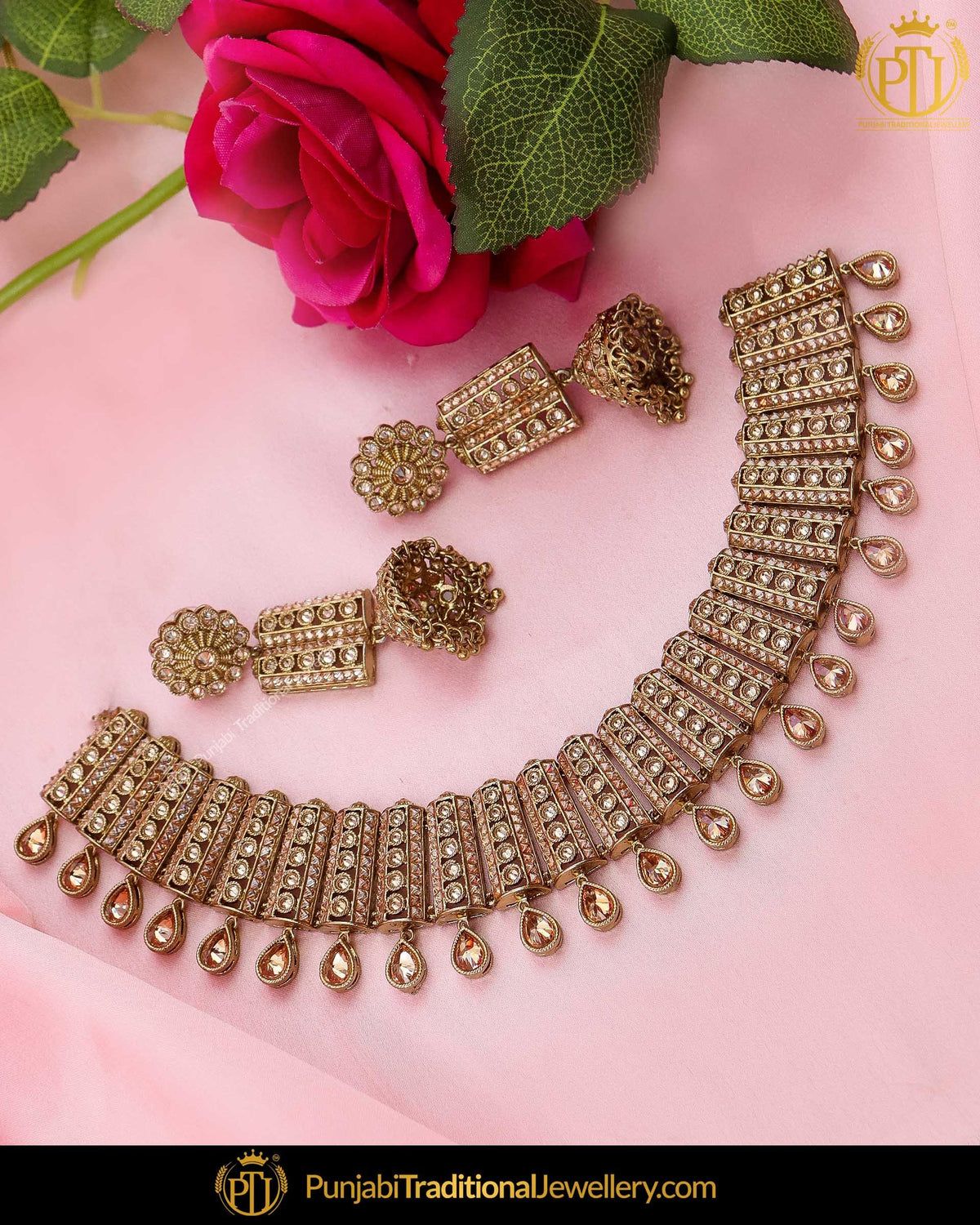 Antique Gold Finished Chamapgne Stone Necklace Set | Punjabi Traditional Jewellery Exclusive