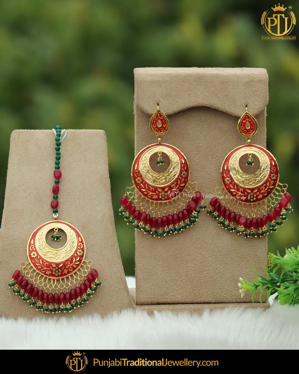 Hand Painted Rubby Meena Emerald Earring Tikka Set  | Punjabi Traditional Jewellery Exclusive