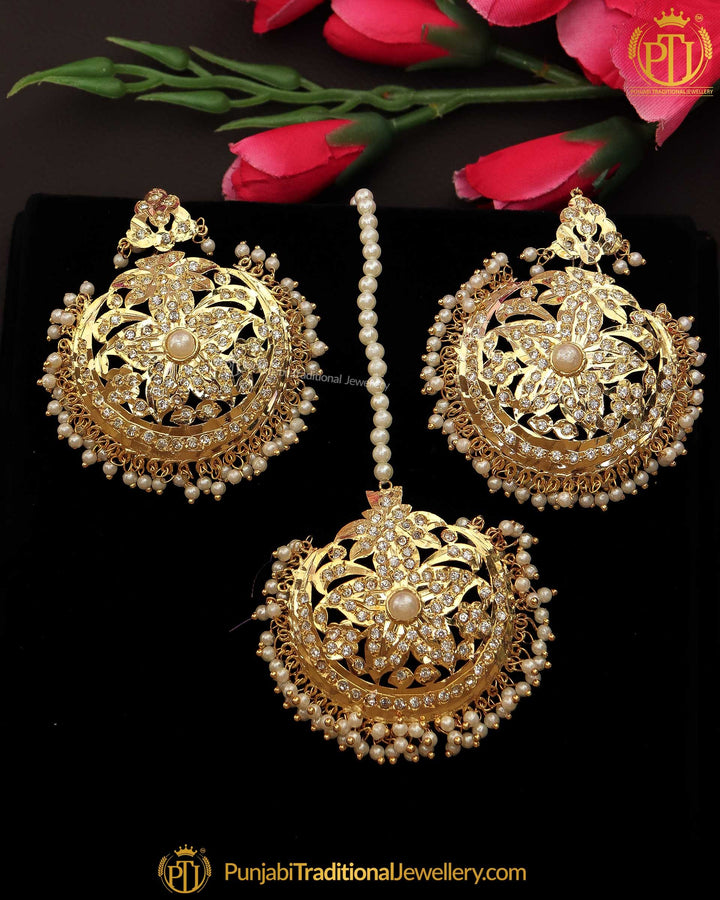 Gold Finished Jadau Pearl Earring Tikka Set  | Punjabi Traditional Jewellery Exclusive
