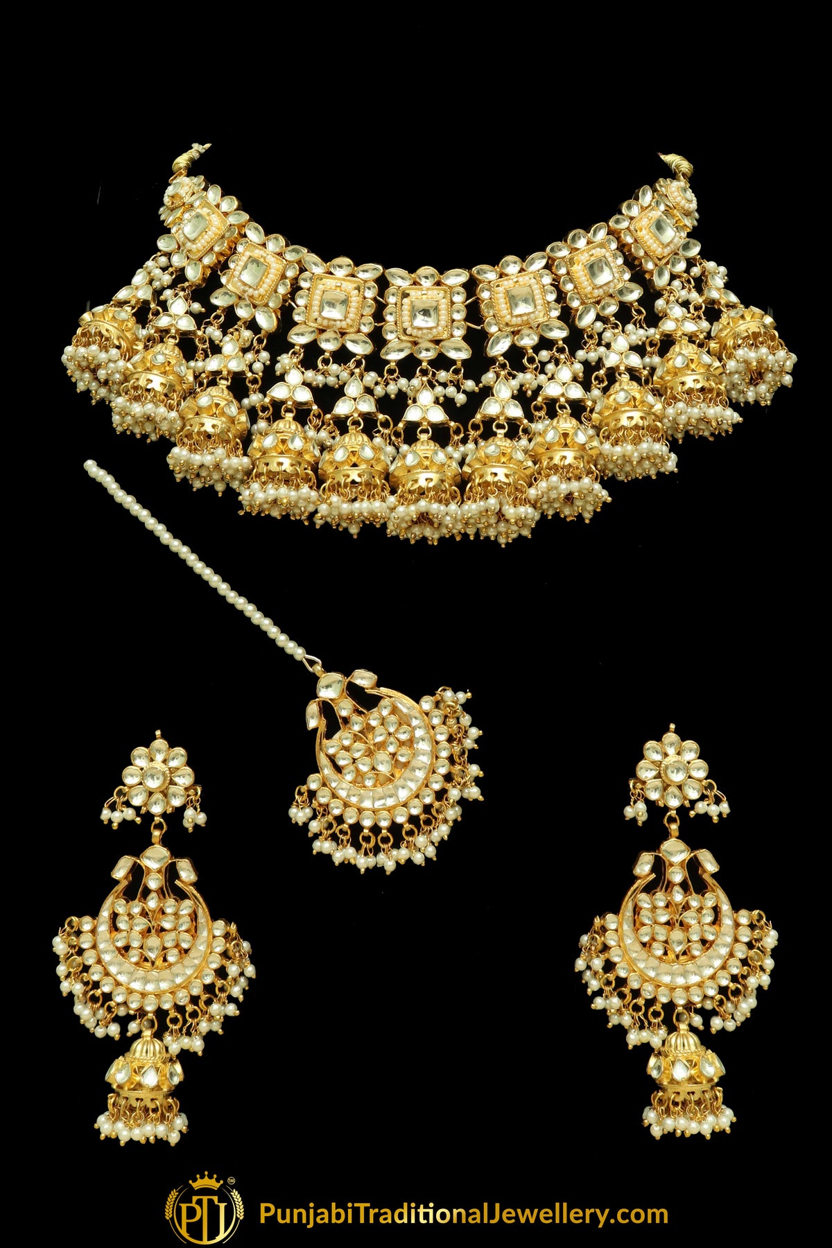Fakhtah Golden Kundan Pearl Necklace Set | Punjabi Traditional Jewellery Exclusive