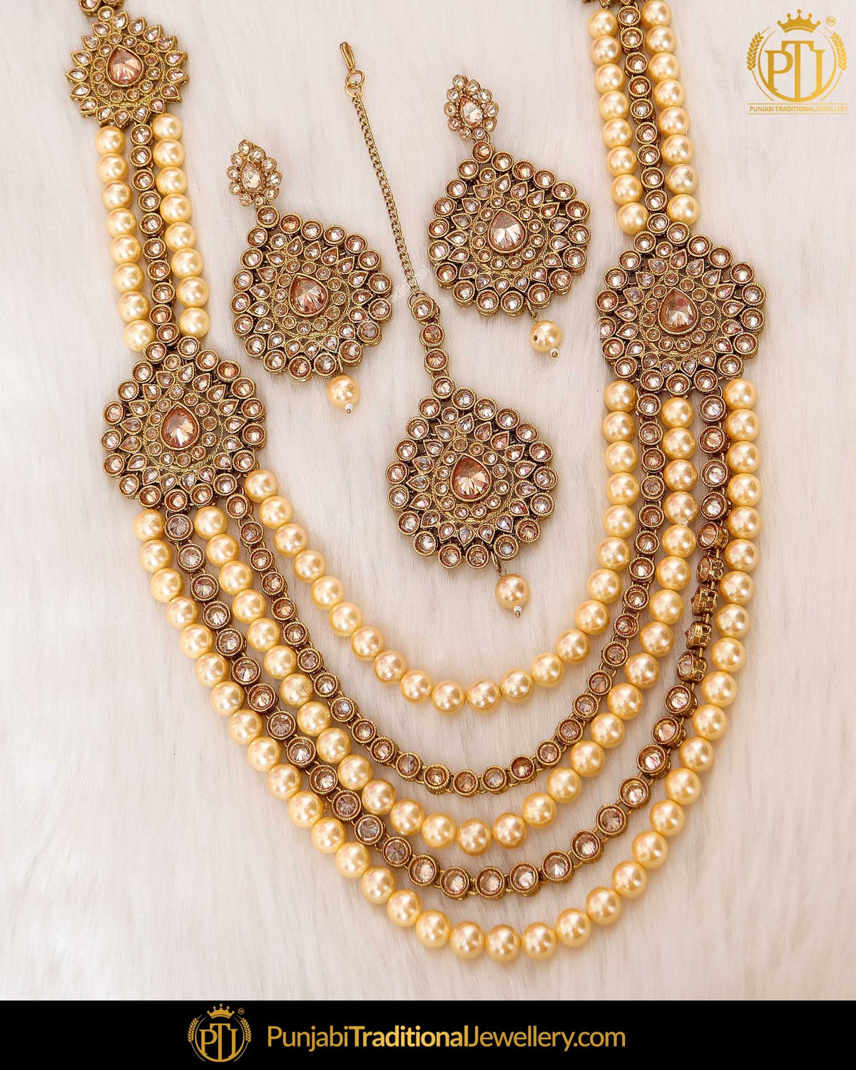 Gold Finished Chamapgne Stone Pearl  Necklace Set | Punjabi Traditional Jewellery Exclusive