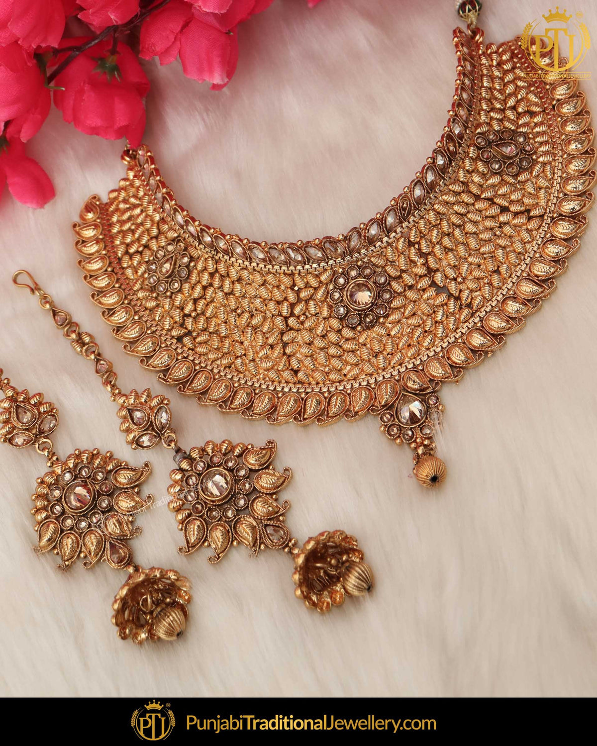 Antique Gold Finished Champagne Stone Pearl Bridal Choker Necklace Set  | Punjabi Traditional Jewellery Exclusive