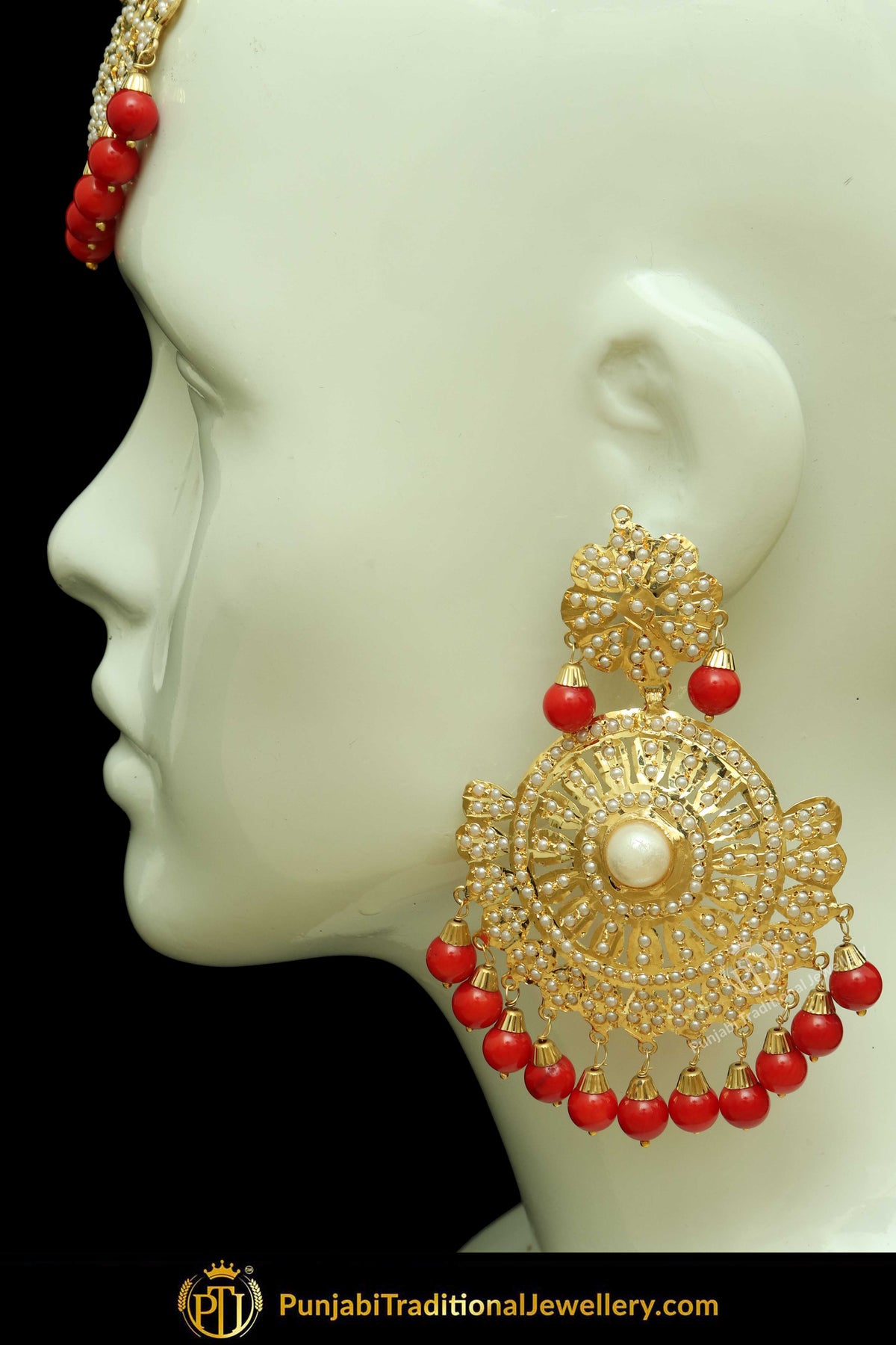 Gold Finished Red Jadau Pearl Earring Tikka Set | Punjabi Traditional Jewellery Exclusive