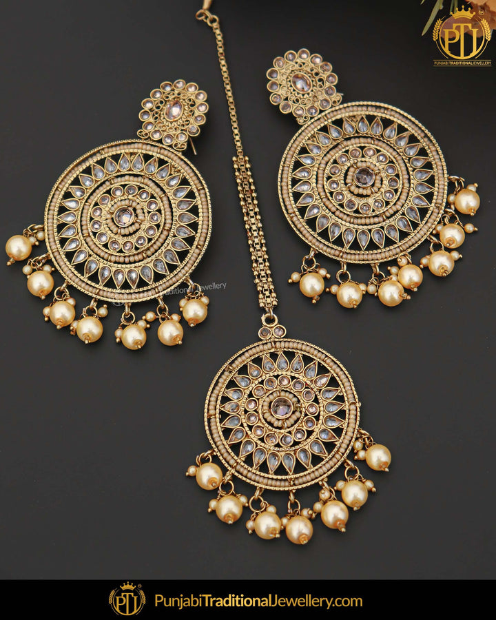 Antique Gold Finished Pearl Champagne Stone Earring Tikka Set | Punjabi Traditional Jewellery Exclusive
