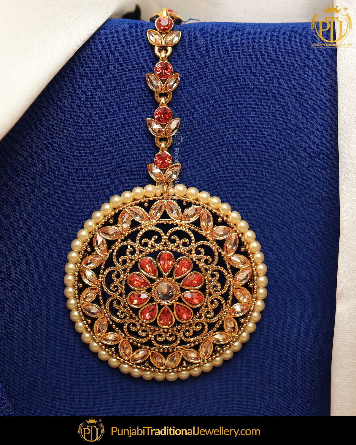 Gold Finished Orange Champagne Stone Tikka | Punjabi Traditional Jewellery Exclusive