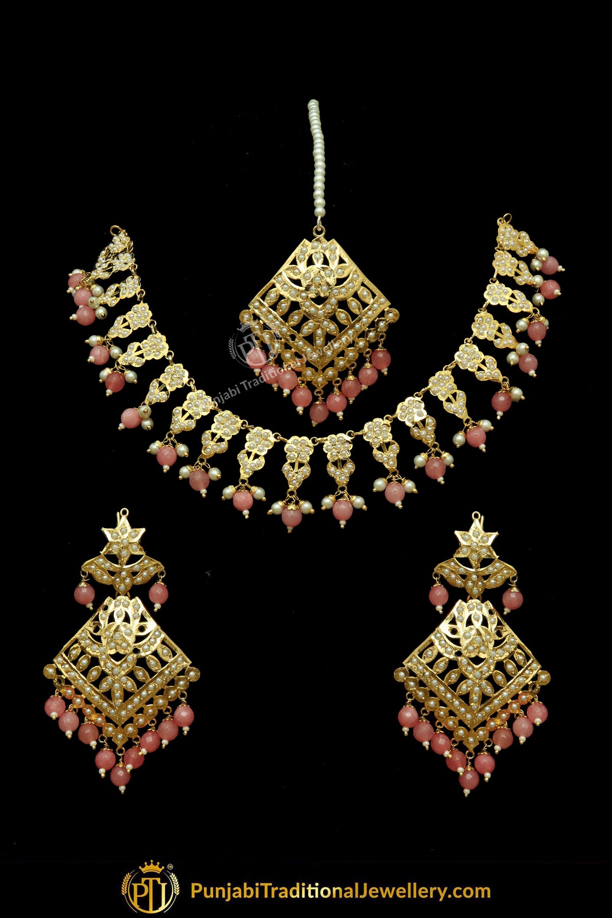 Gold Finished Peach Jadau Pearl Necklace Set | Punjabi Traditional Jewellery Exclusive