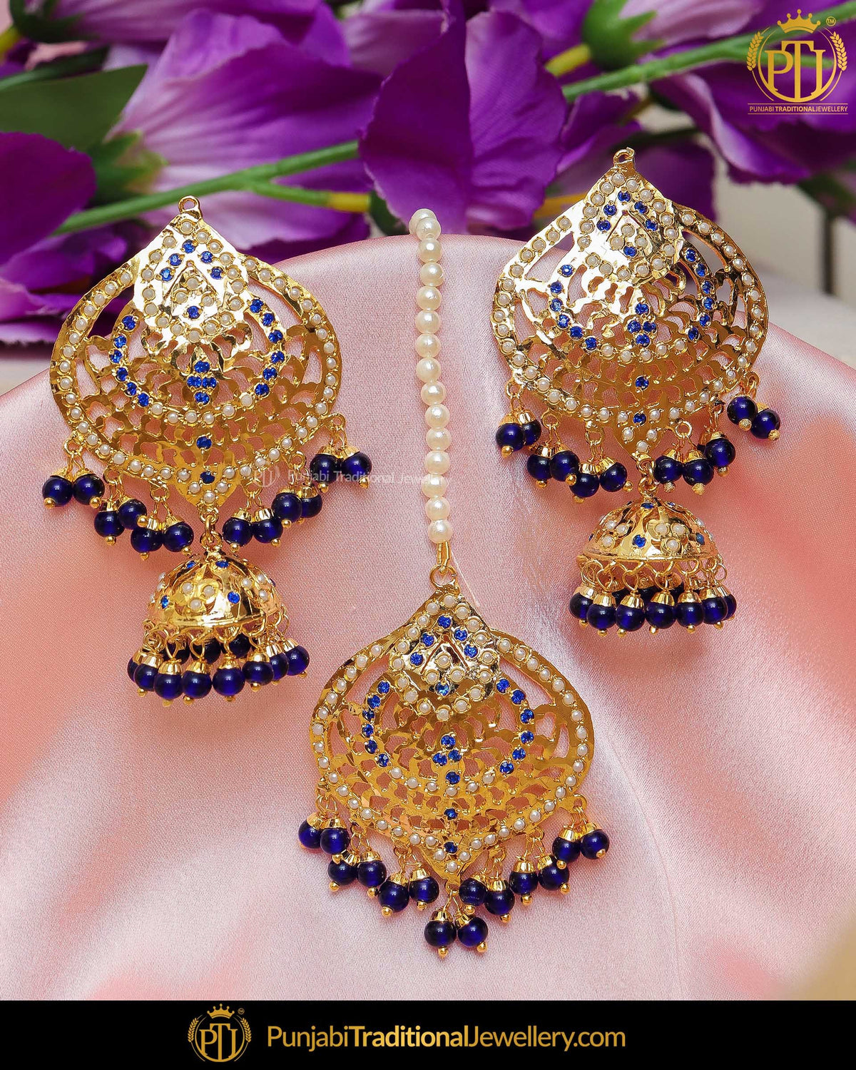 Gold Finished Blue Jhumki Jadau Pearl Earring Tikka Set | Punjabi Traditional Jewellery Exclusive