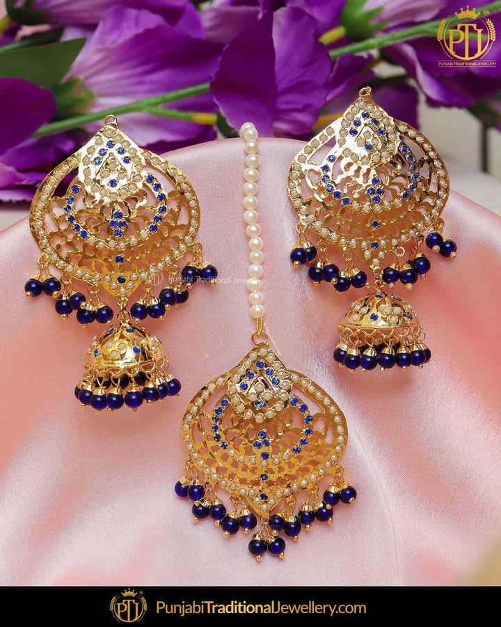 Gold Finished Blue Jhumki Jadau Pearl Earring Tikka Set | Punjabi Traditional Jewellery Exclusive