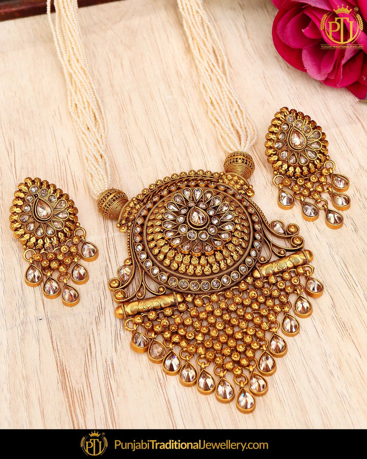Antique Gold Finished Champagne Stone Pearl Long  Set  | Punjabi Traditional Jewellery Exclusive