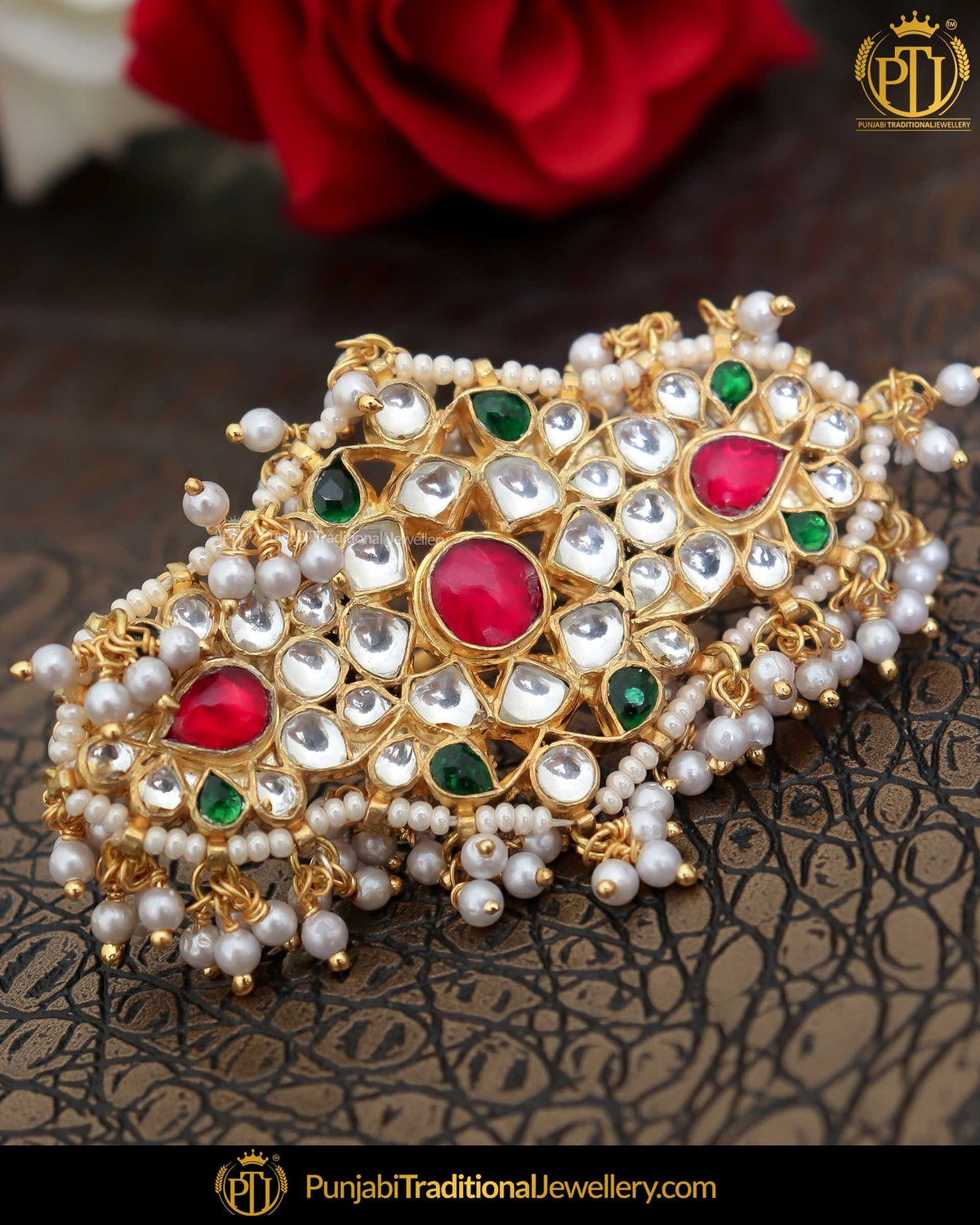 Gold Finished Kundan Green  Rubby Pearl Ring | Punjabi Traditional Jewellery Exclusive