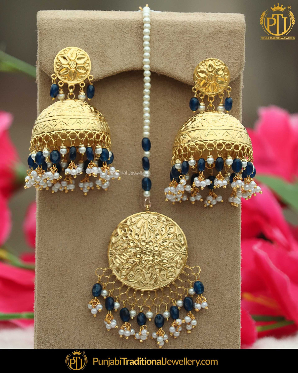 Gold Finished Blue Jhumki Pearl Earring Tikka Set | Punjabi Traditional Jewellery Exclusive
