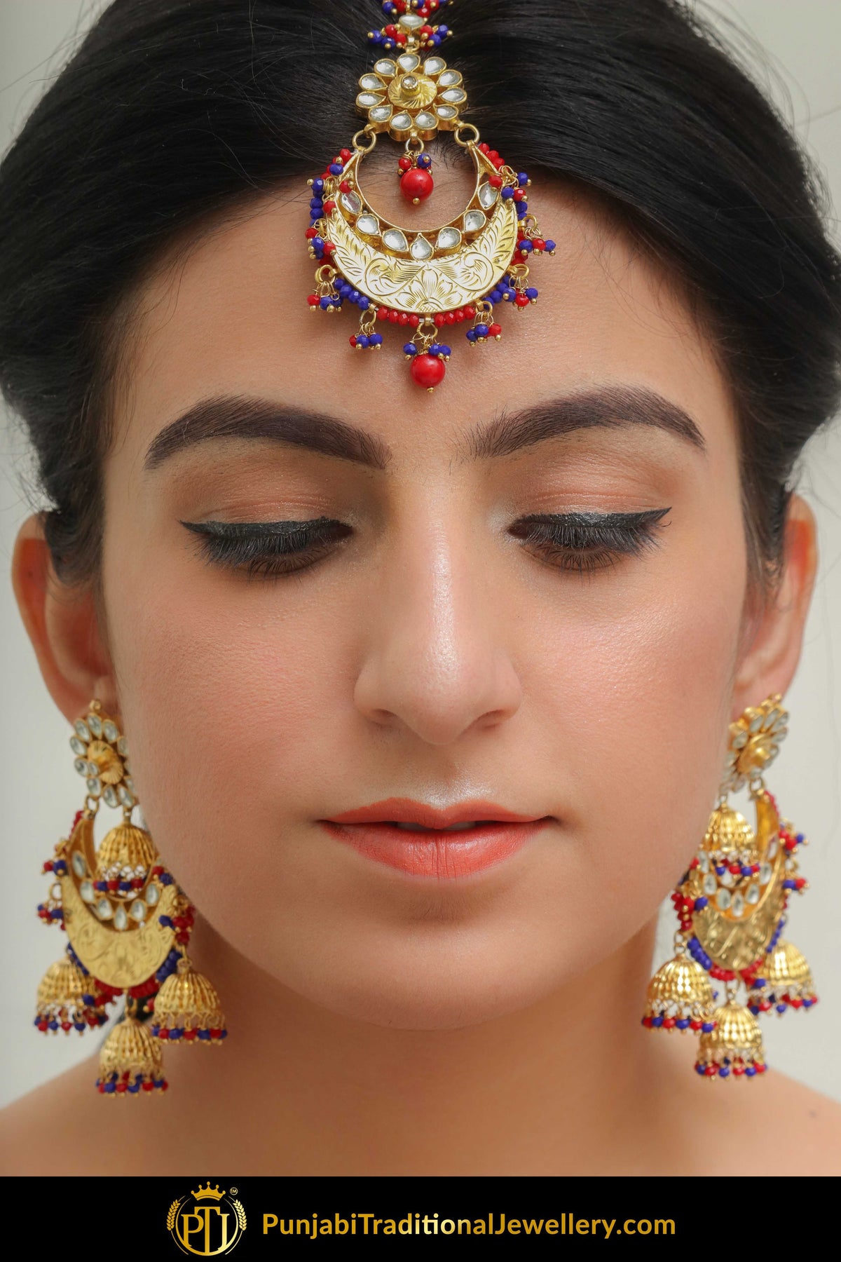 Abeera Red Blue Gold Plated Kundan Earring Tikka Set | Punjabi Traditional Jewellery Exclusive