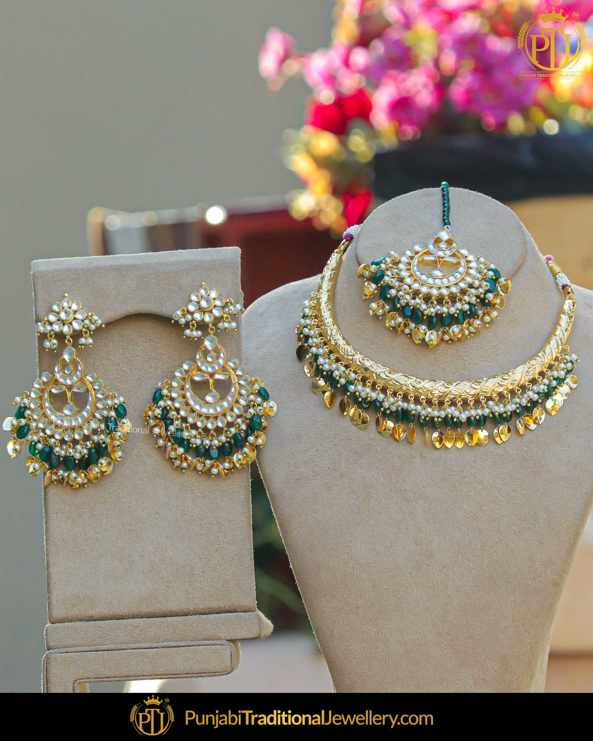 Gold Finished Kundan Pearl Emerald Hasli Necklace Set | Punjabi Traditional Jewellery Exclusive