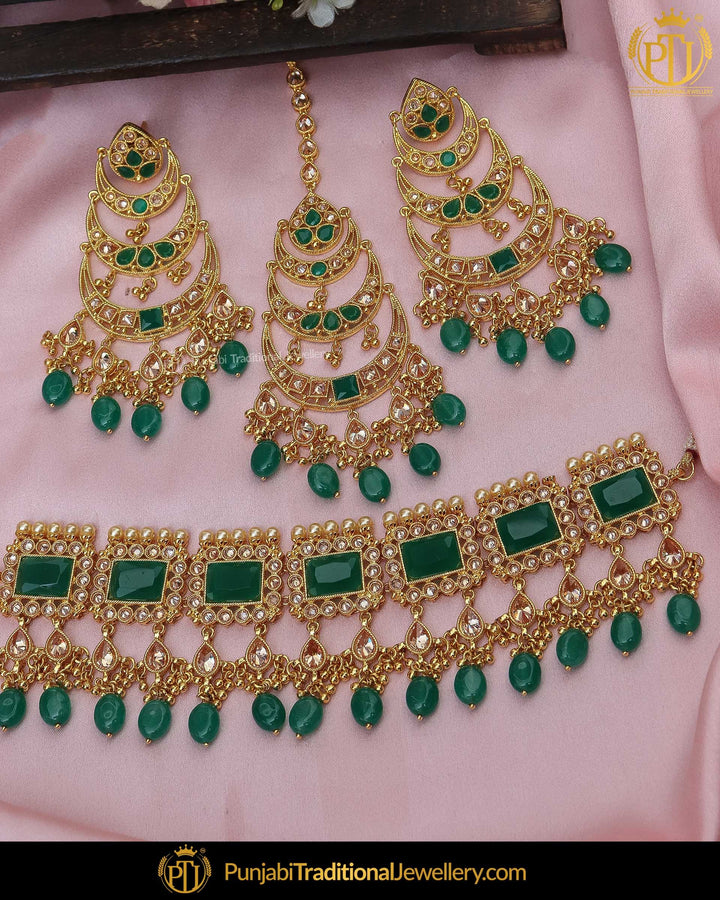 Gold Finished Champagne Stone Emerald Pearl Choker Necklace Set | Punjabi Traditional Jewellery Exclusive