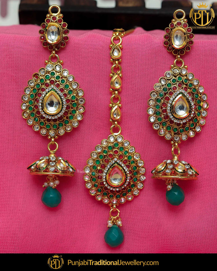 Antique Gold Finished Emerald Rubby Pearl Earring Tikka Set | Punjabi Traditional Jewellery Exclusive