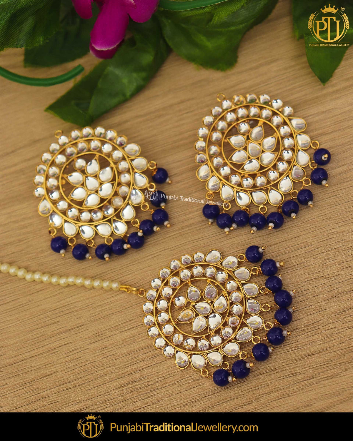 Gold Finished Kundan Blue Stud  Earring Tikka Set By Punjabi Traditional Jewellery