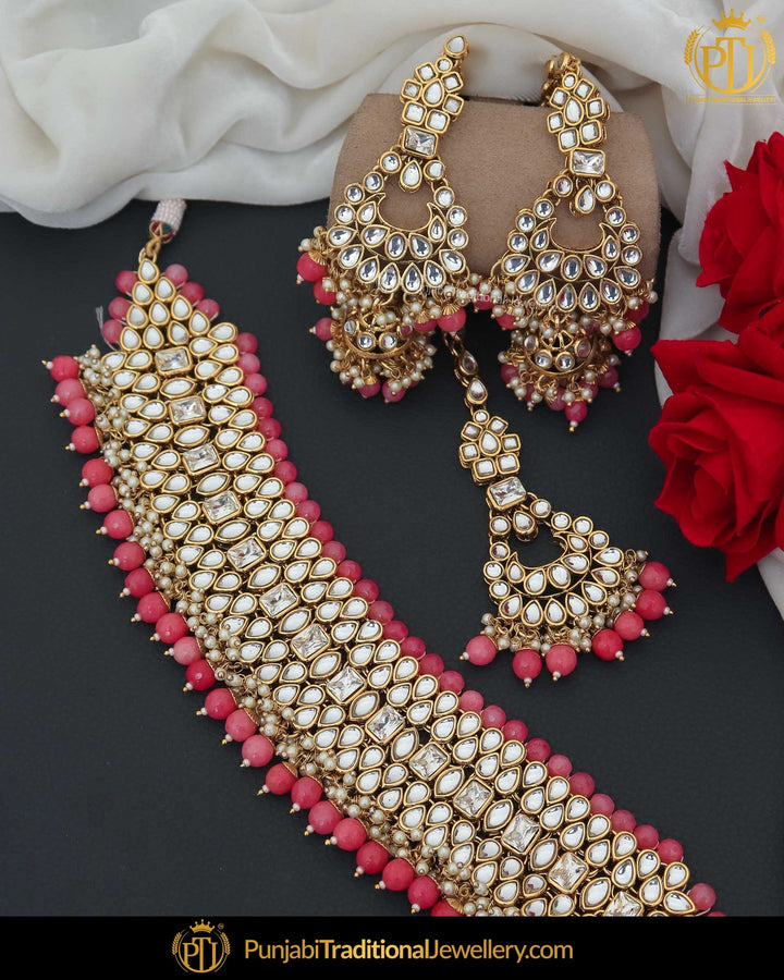 Gold Finished Kundan Pink Pearl Choker Necklace Set | Punjabi Traditional Jewellery Exclusive
