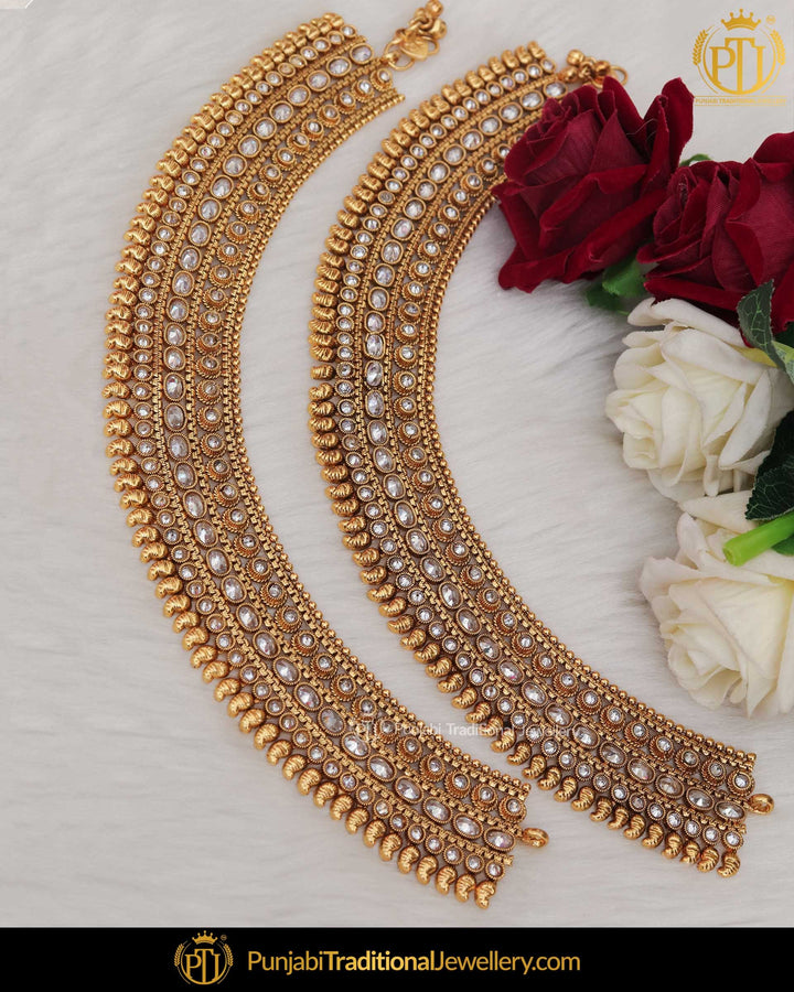 Gold Finished Pearl Champagne Stone Payal | Punjabi Traditional Jewellery Exclusive