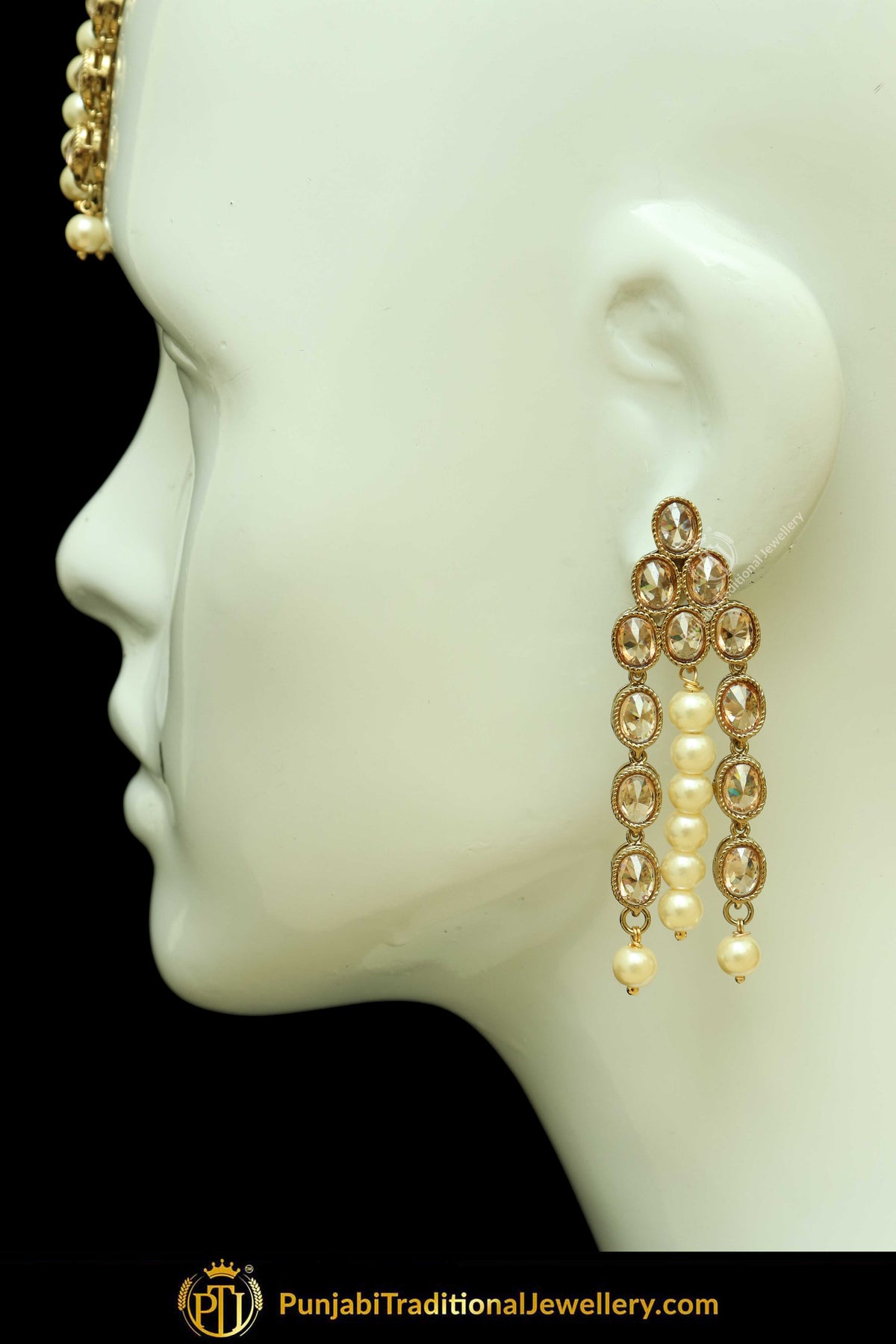 Antique Gold Finised Champagne Stone Pearl Earring Tikka Set By Punjabi Traditional Jewellery